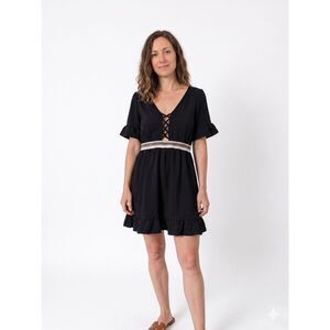 🏖️ BMJL Black Lace-Up V-Neck Ruffle Swimsuit Cover Up Beach Mini Dress S NWT